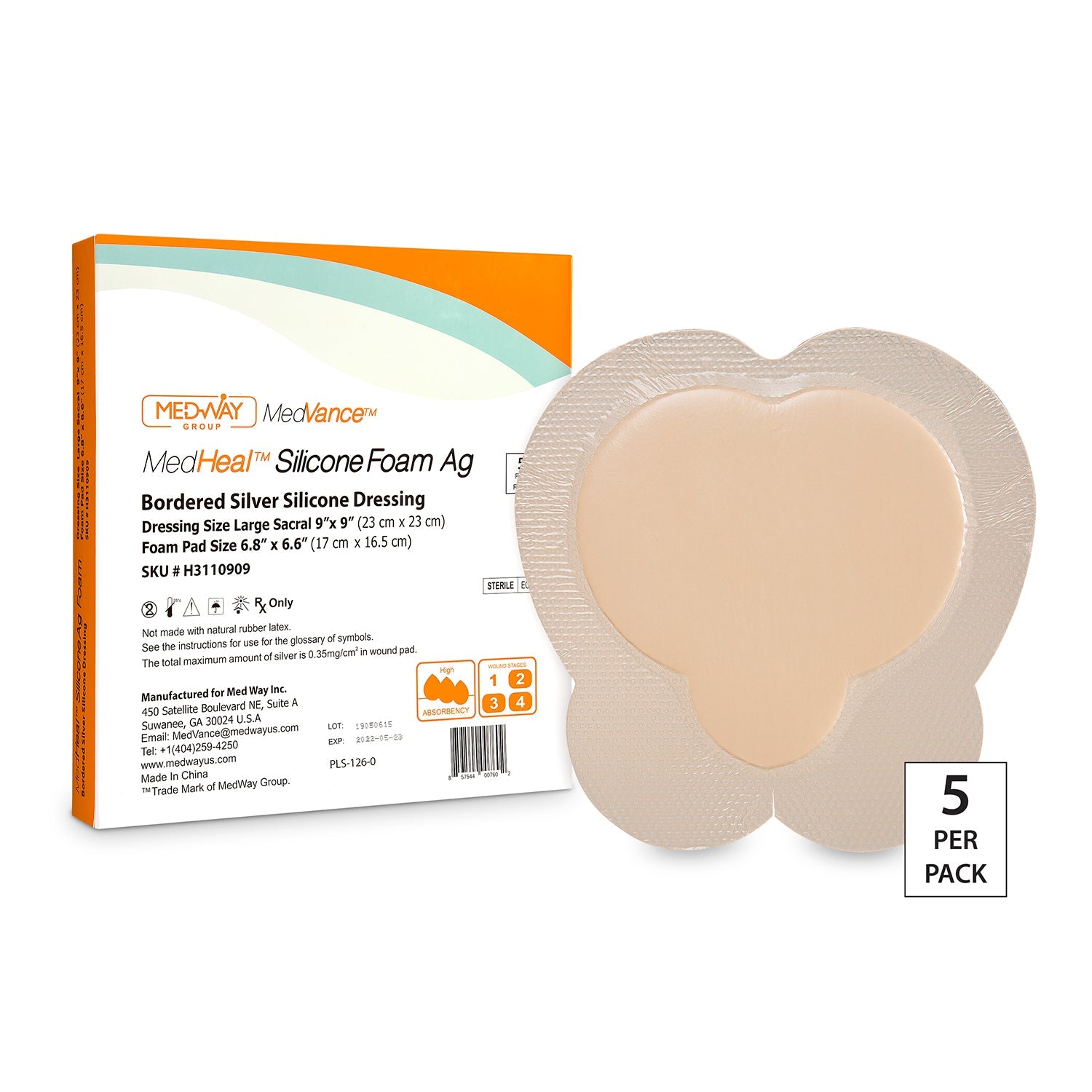 CuraVance Bordered Silver Silicone Foam Sacral 9" x 9" Dressing, 7" x 7" Pad