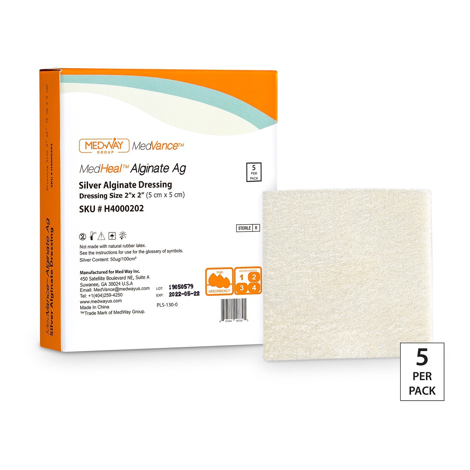 CuraVance Silver Alginate Dressing Pad, 2" x 2".