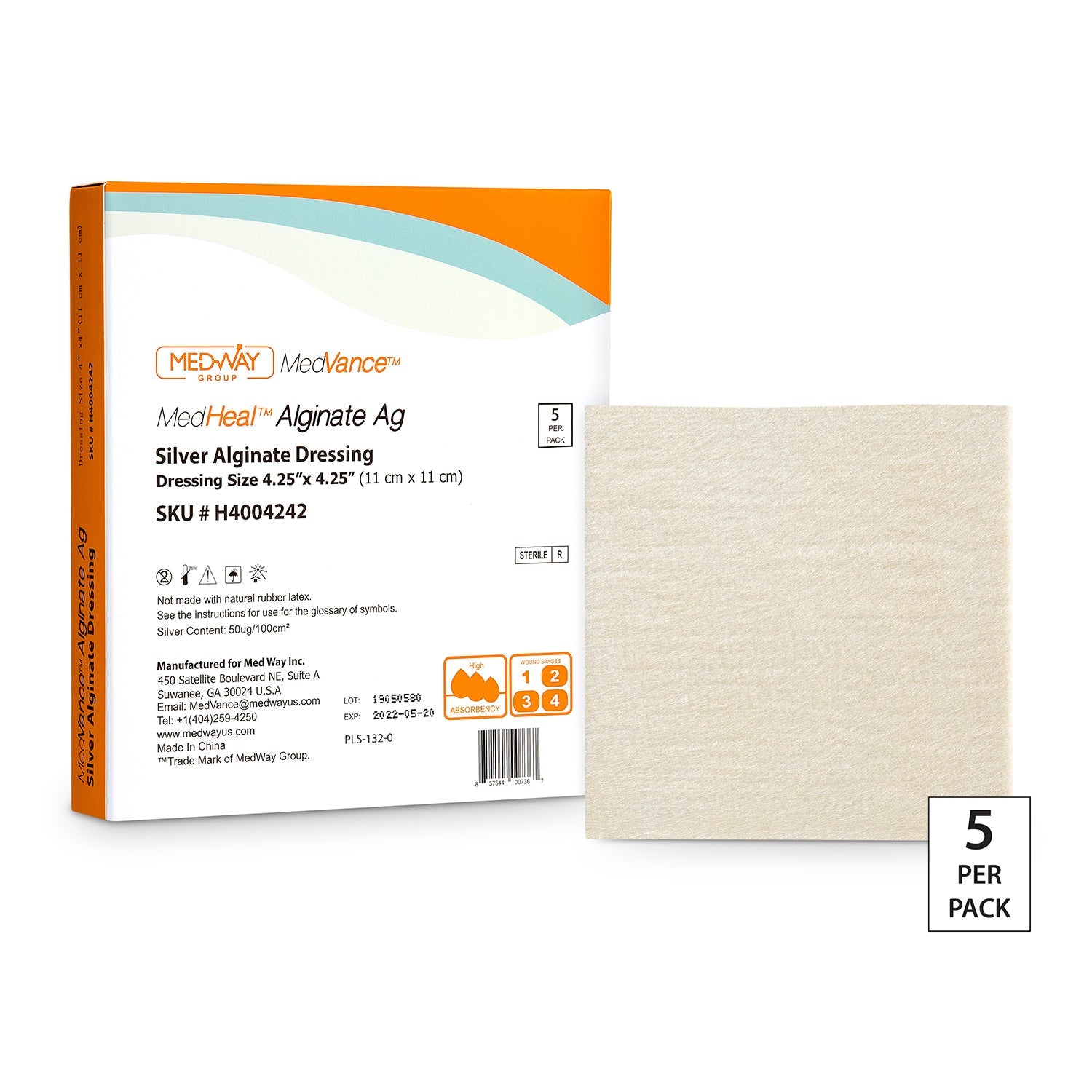 CuraVance Silver Alginate Dressing Pad, 4.25" x 4.25".