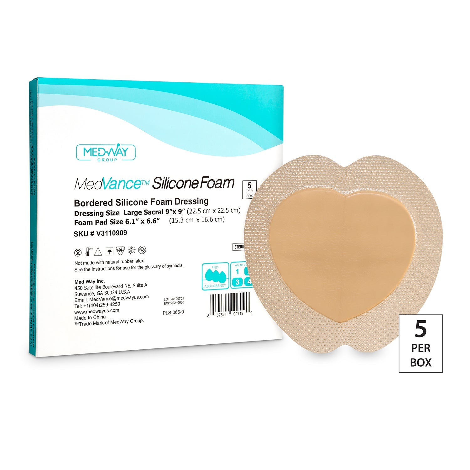 MedVance Bordered Silicone 9" x 9" Foam Dressing, Sacral, 6.1" x 6.6" Pad