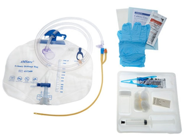 AMSure Foley Tray Bag, Preconnected Silicone Coated, 14Fr, 5 cc, 2000mL Bag, 10cc Syringe, Sterile 1 Each