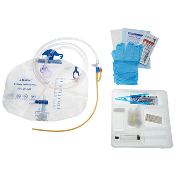 AMSure Foley Tray Bag, Preconn Silicone Ctd 18Fr, 05cc, 2000mL Bag, 10cc Syringe, Nitrile Gloves, Sterile