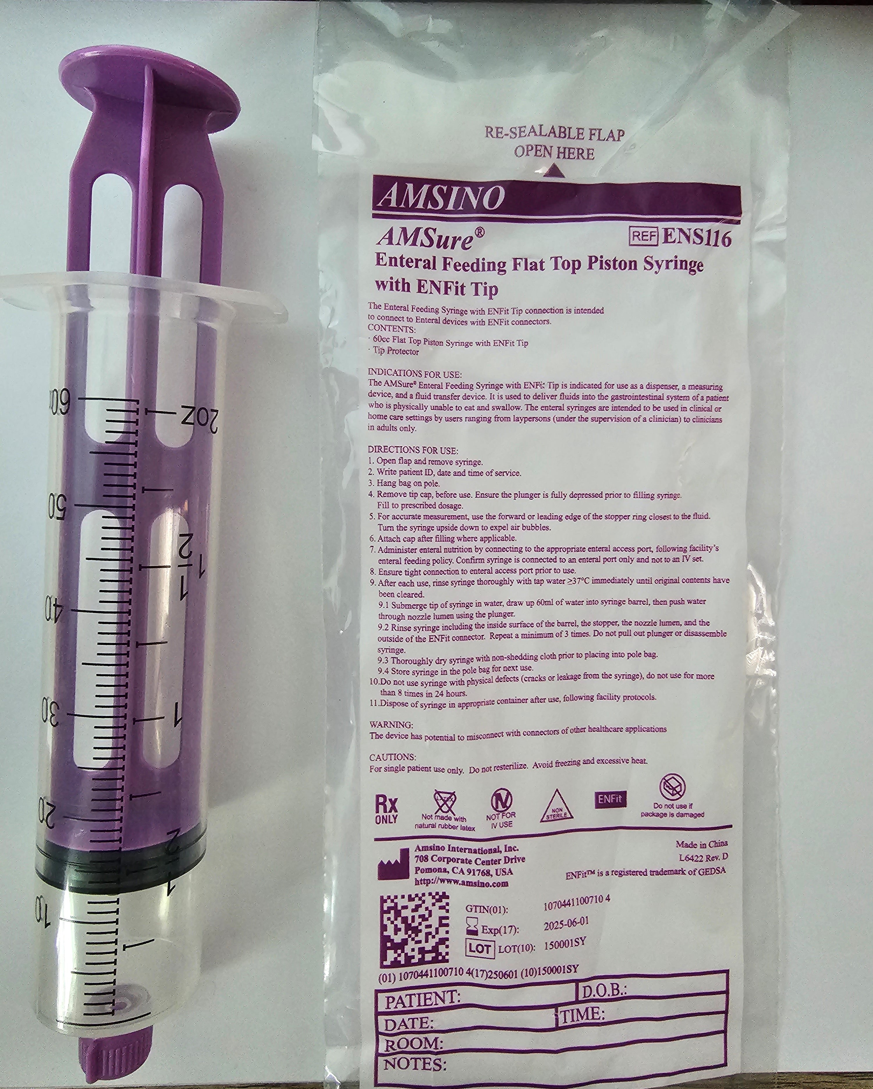 Flat Top Piston Syringe 60cc with ENFit Tip 1 Each