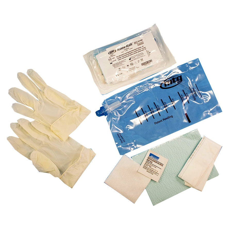 EZ-Advancer Closed System Intermittent Pediatric Catheter, Standard-Size Kit, 10 Fr, 16" Length, 1500 mL Collection Bag, Gloves, Underpad, Gauze, BZK Swabsticks 1 Each