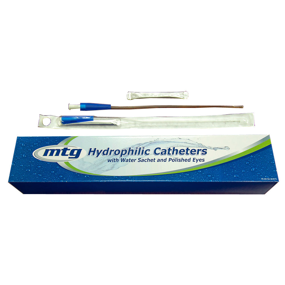 MTG Hydrophilic Straight Tip Male Intermittent Catheter, 14 Fr, 16" Soft Vinyl Catheter with Sterile Water Sachet and Handling Sleeve 1 Each