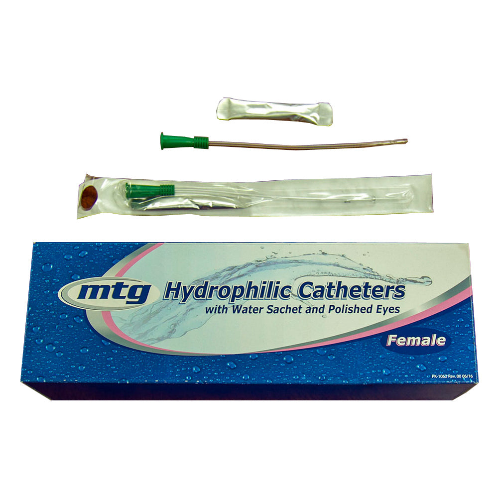 MTG Hydrophilic Straight Tip Female Intermittent Catheter, 14 Fr, 6" Vinyl Catheter with Sterile Water Sachet and Handling Sleeve 1 Each