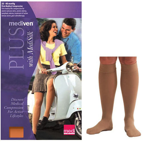 Mediven Plus Calf with Silicone Top Band, 30-40, Petite, Closed Toe, Beige, Size 3 2 Pack