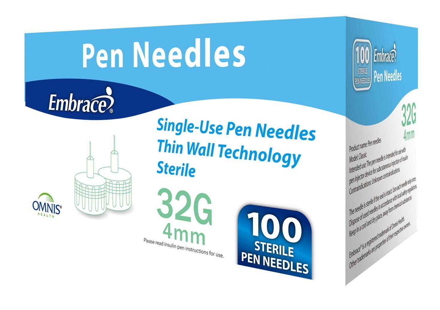 Embrace Pen Needles, 32G, 4mm, 100 ct 100 Box