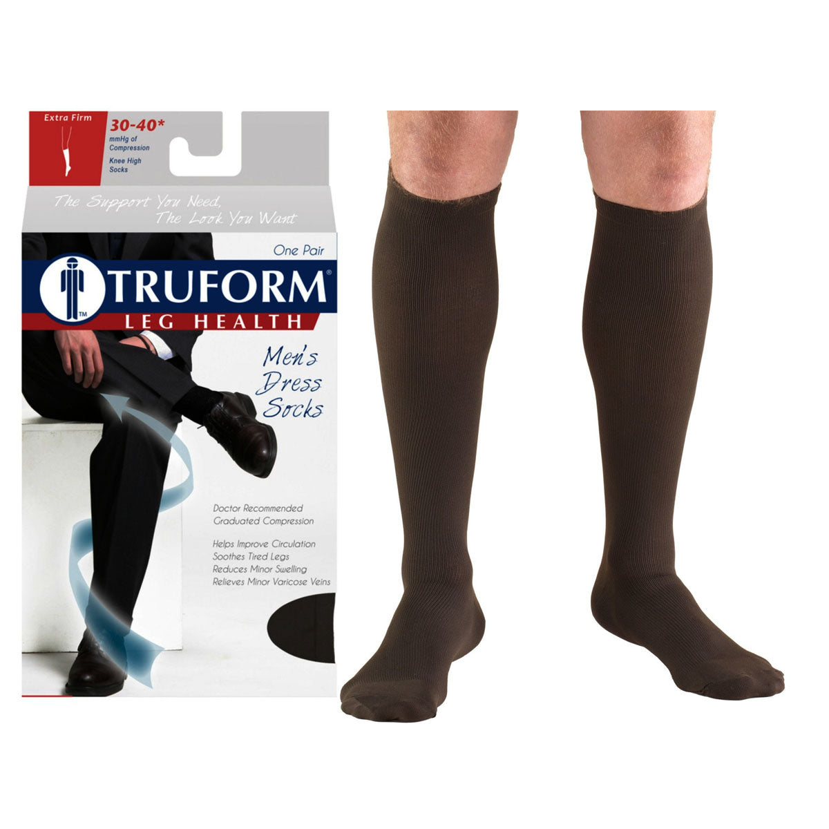 Truform Men's Dress Knee High Support Sock, 30-40 mmHg, Closed Toe, Brown, Small 1 Each
