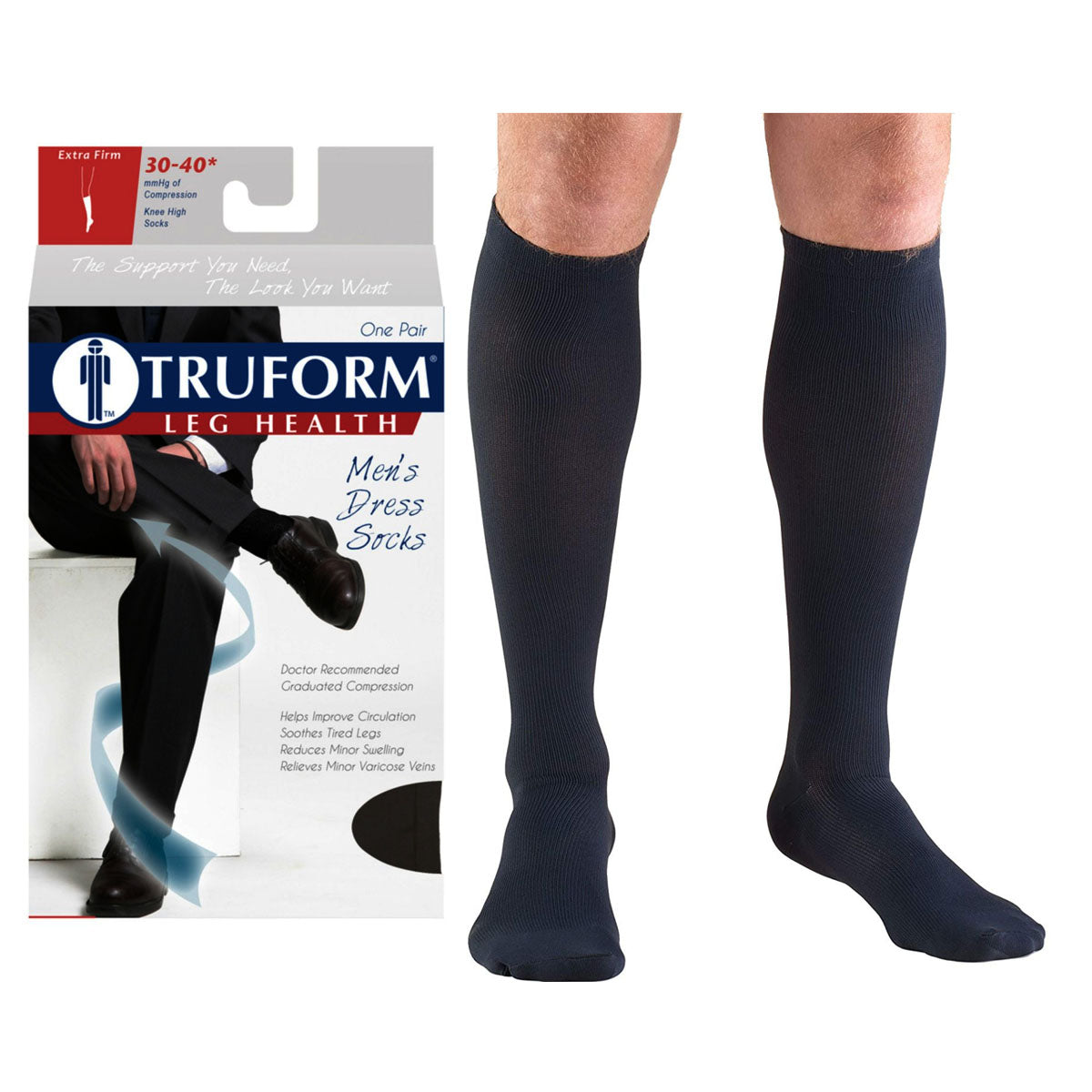 Truform Men's Dress Knee High Support Sock, 30-40 mmHg, Closed Toe, Navy, Medium 1 Each
