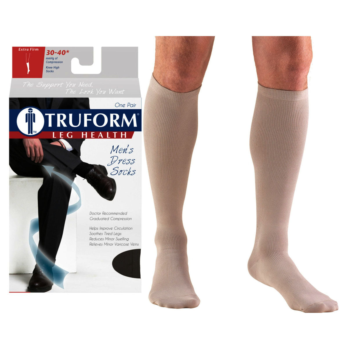 Truform Men's Dress Knee High Support Sock, 30-40 mmHg, Closed Toe, Tan, X-Large 1 Each