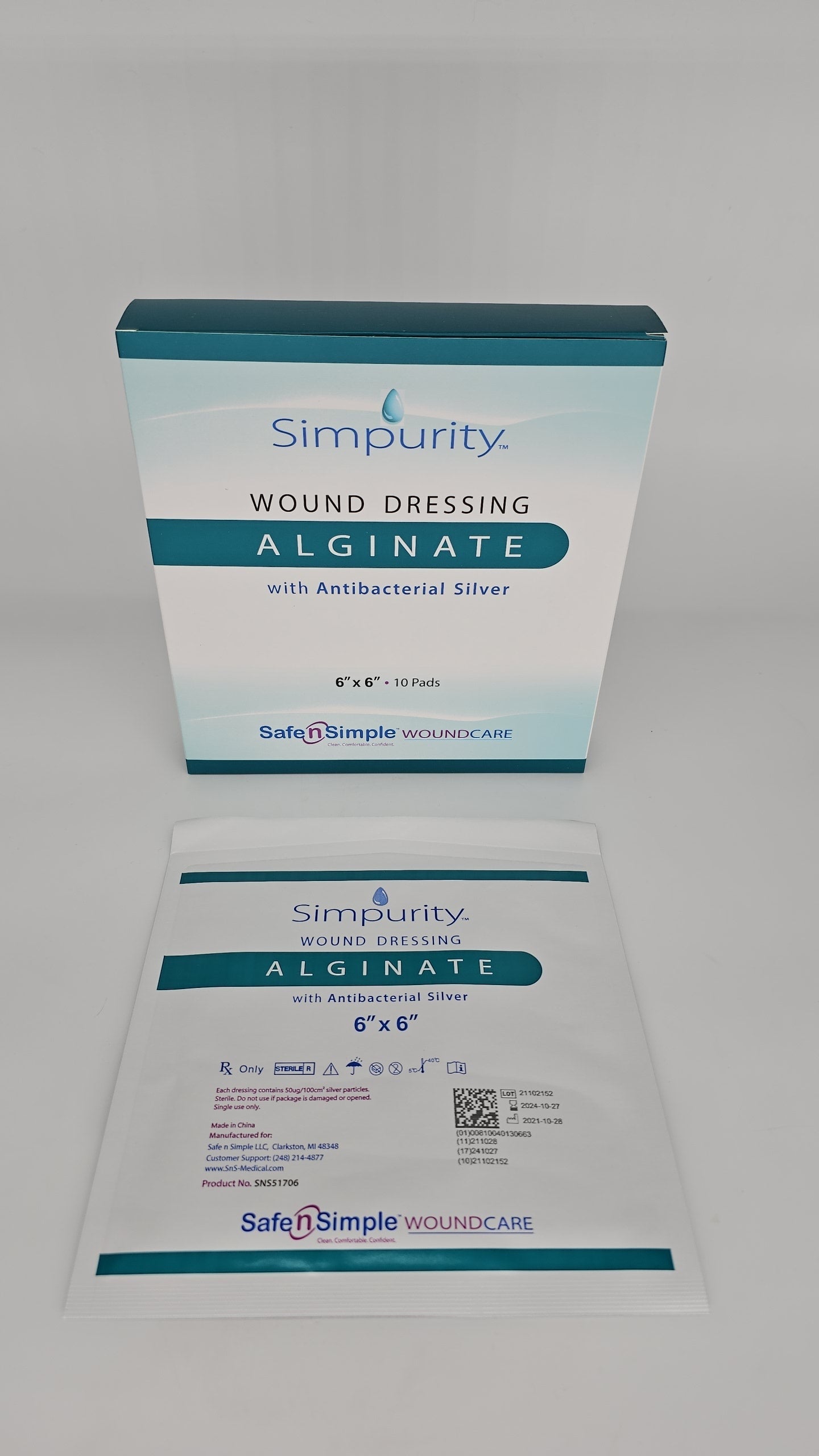 Simpurity Silver Calcium Alginate Dressing 6" x 6"