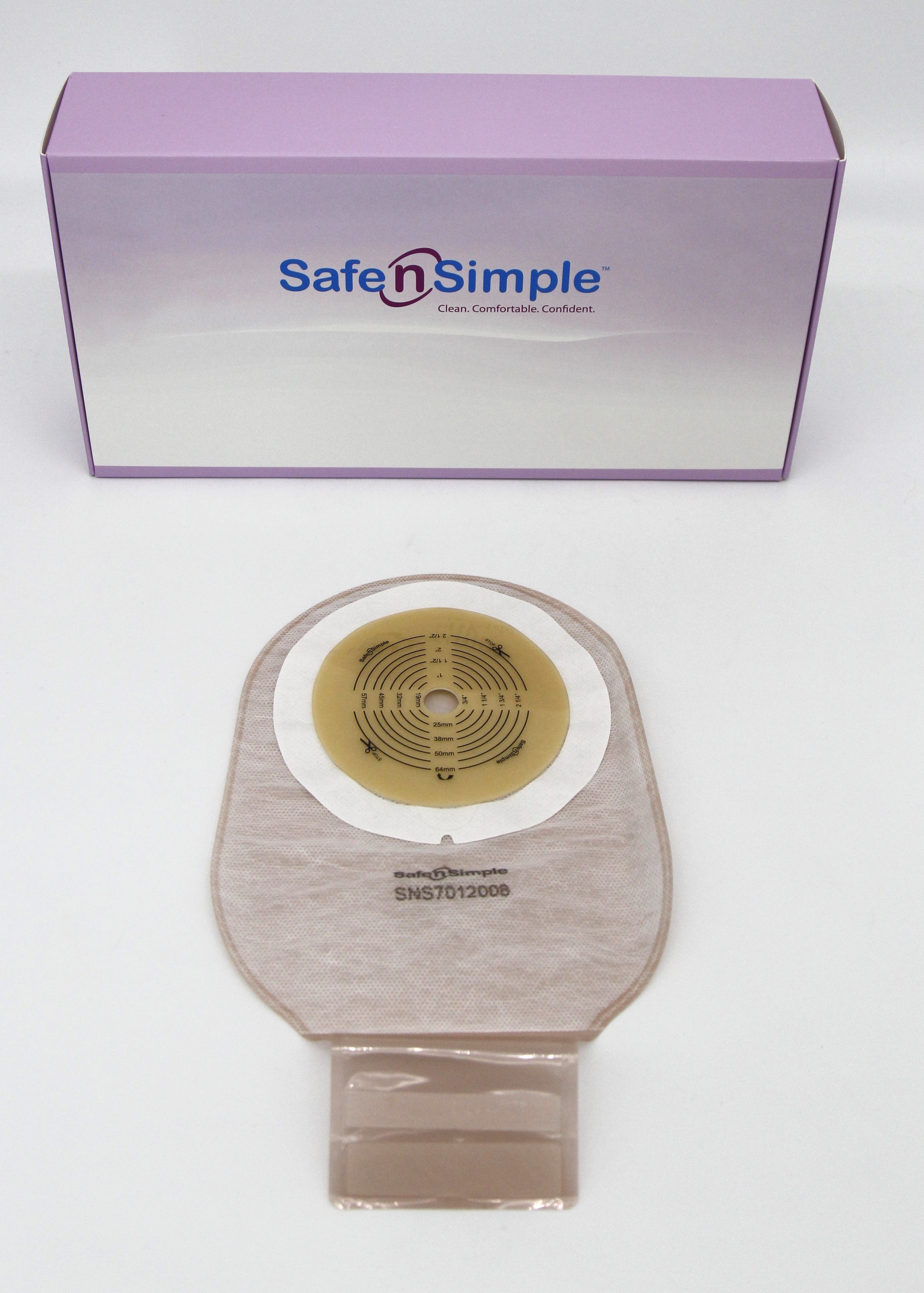 Safe N Simple 12" Drainable, One Piece Pouch, Extended Wear, Cut to Fit, Beige, with Tape Collar, and Velcro Closure