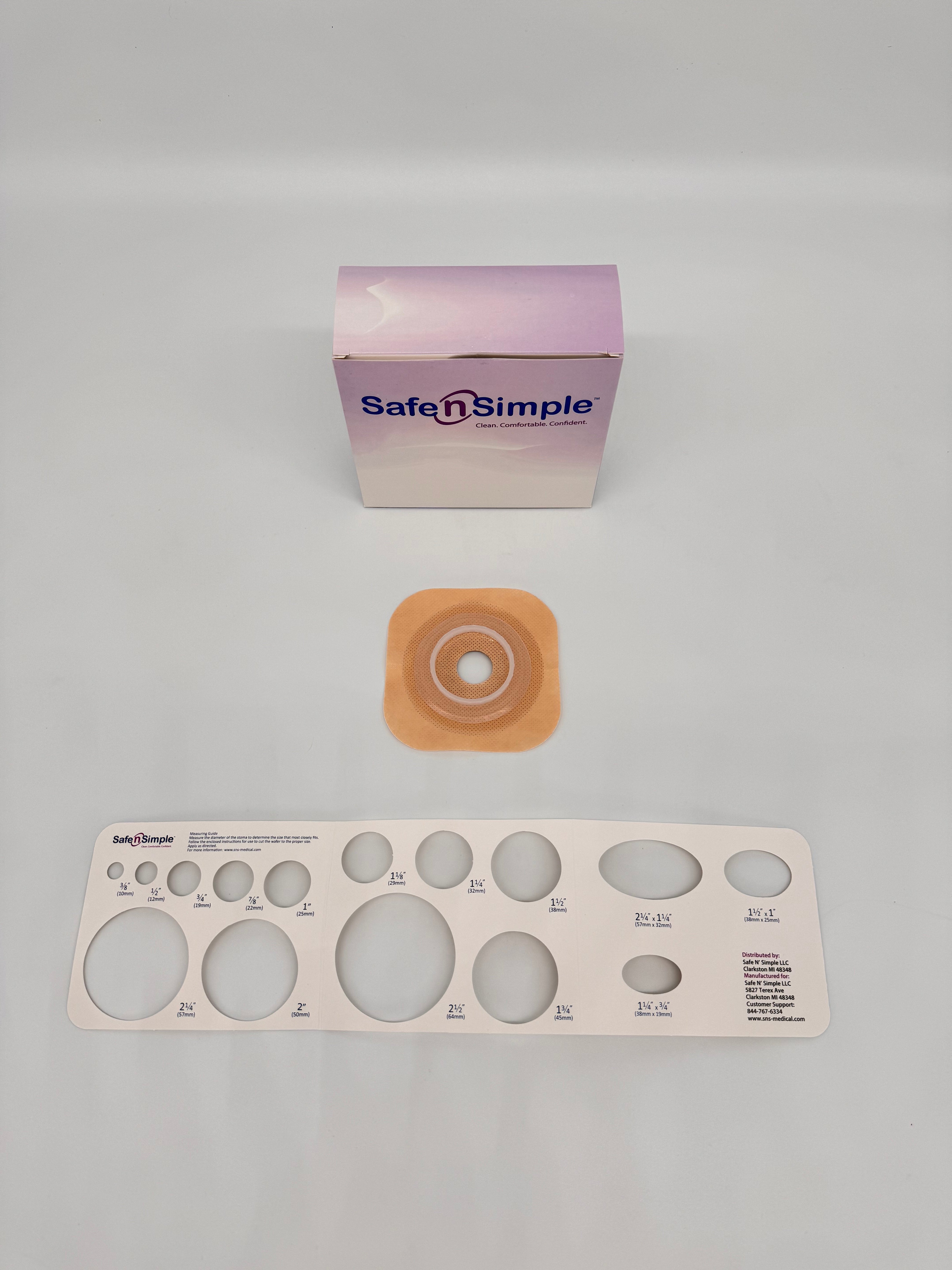 Safe N Simple 4-1/4" x 4-1/4" 2-Piece Wafer, Standard Wear, With Tape Collar, Beige, 45mm, 1-3/4" Flange, 7/8" Precut Stoma Opening 10 Box