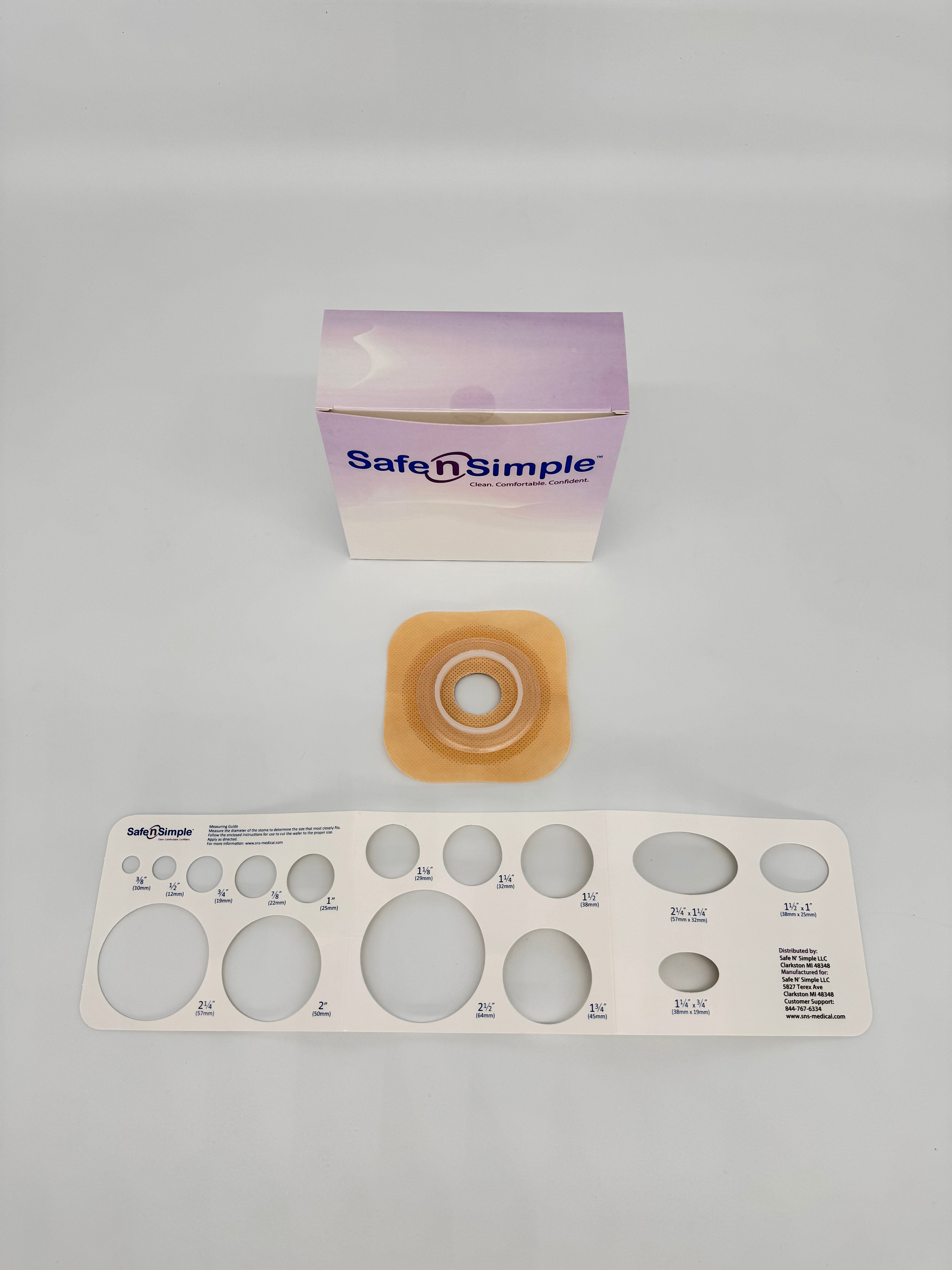 Safe N Simple 4-1/4" x 4-1/4" 2-Piece Wafer, Standard Wear, With Tape Collar, Beige, 45mm, 1-3/4" Flange, 1-1/8" Precut Stoma Opening 10 Box