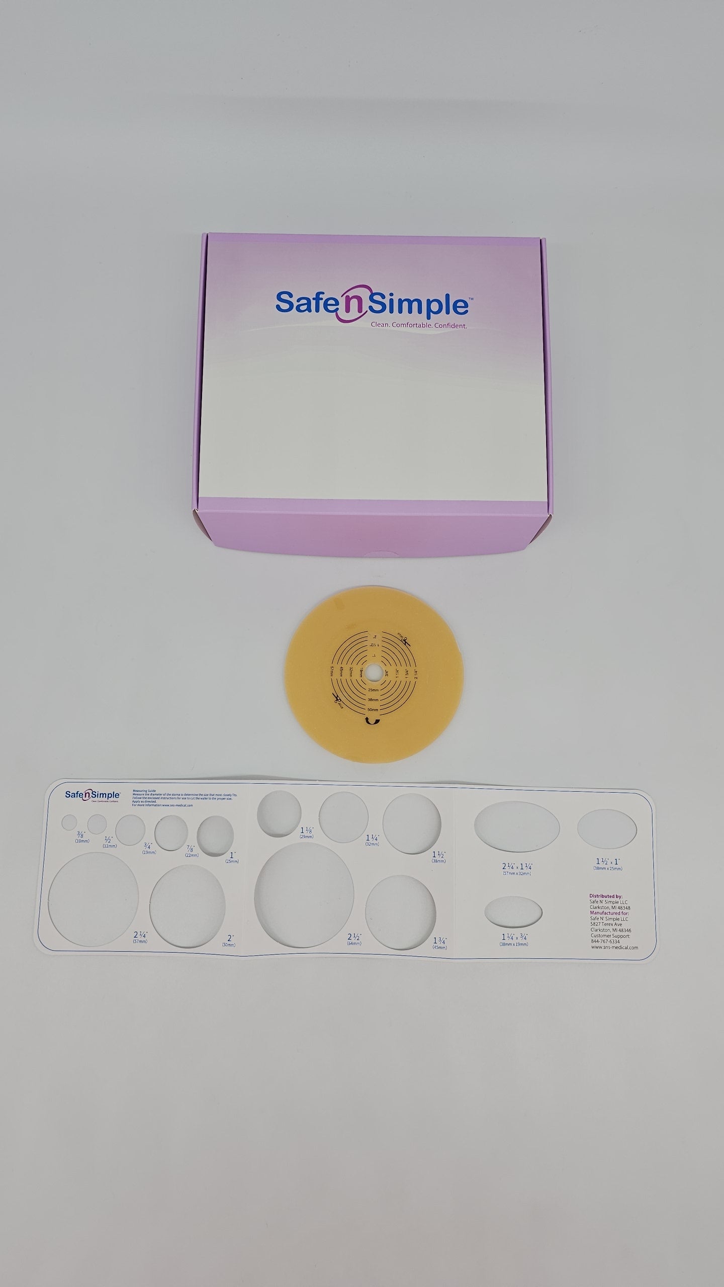 Safe N Simple 5" Diameter 2-Piece Round Wafer, Standard Wear, Solid Hydrocolloid, 70mm, 2-3/4" Flange Cut-to-Fit