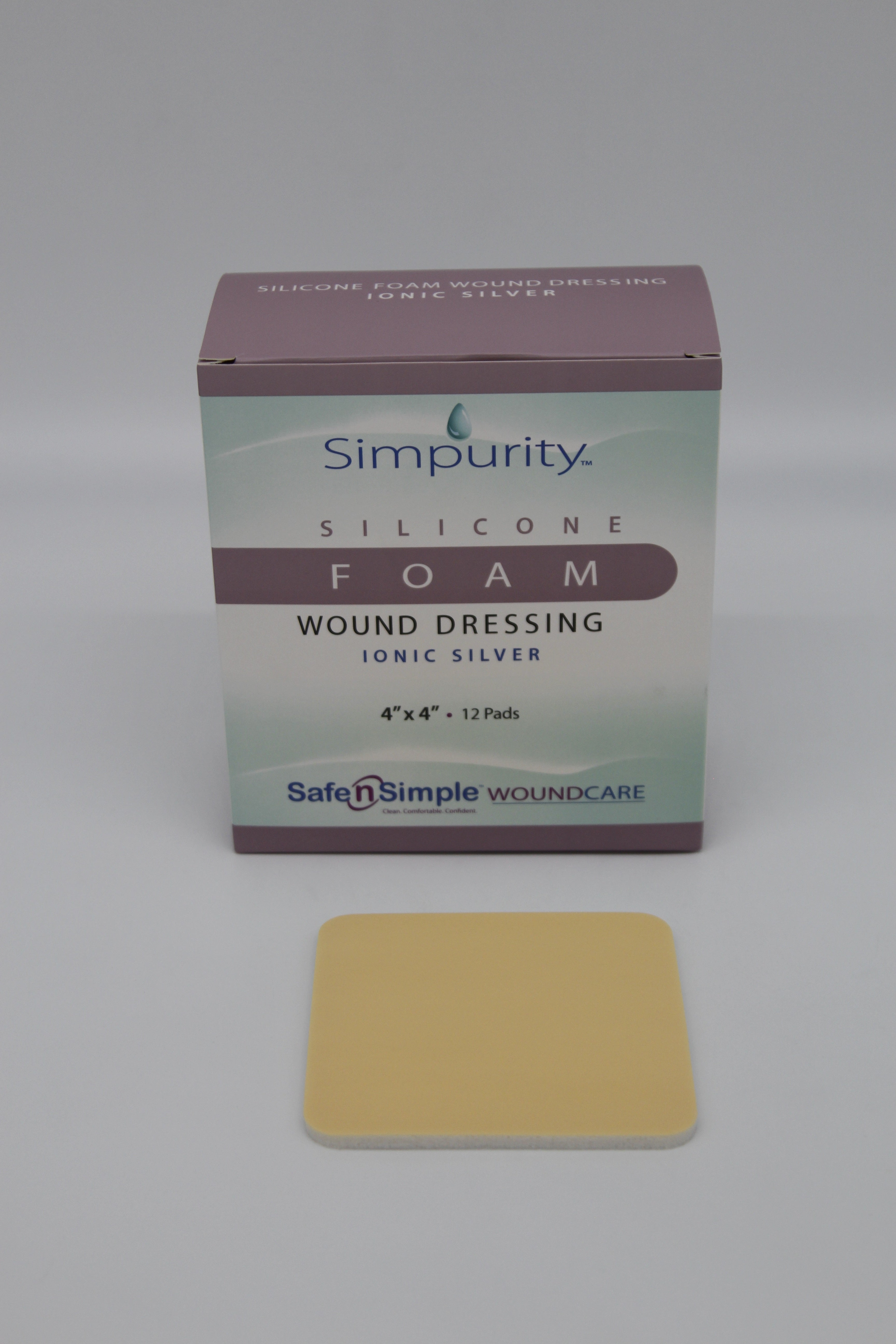 Safe N Simple Simpurity Foam Wound Dressing , No Border, Silver Silicone, 4" x 4"