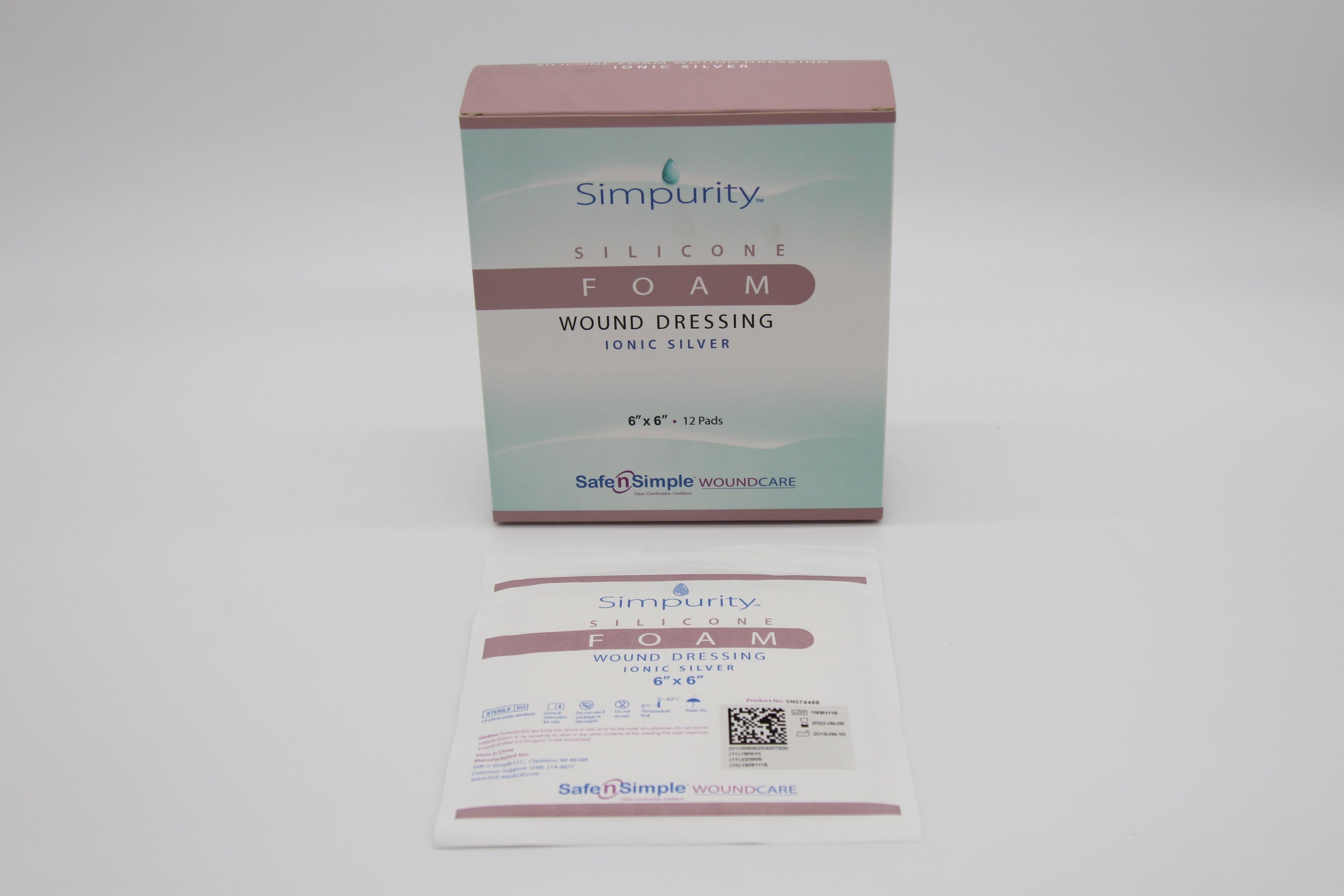 Safe N Simple Simpurity Foam Wound Dressing, No Border, Silver Silicone, 4" x 6"