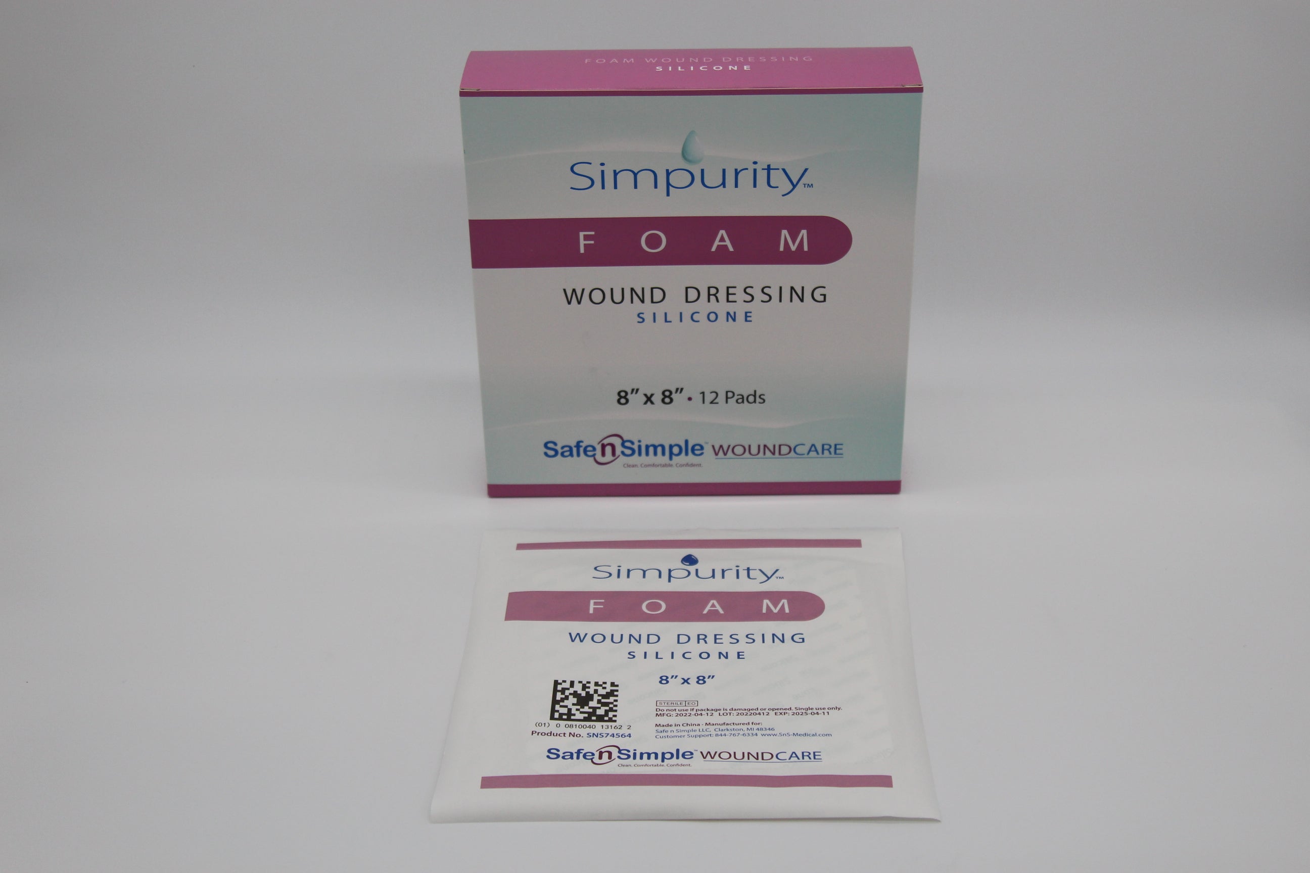 Safe N Simple Simpurity No Border Silicone Foam Dressing, 8" x 8"