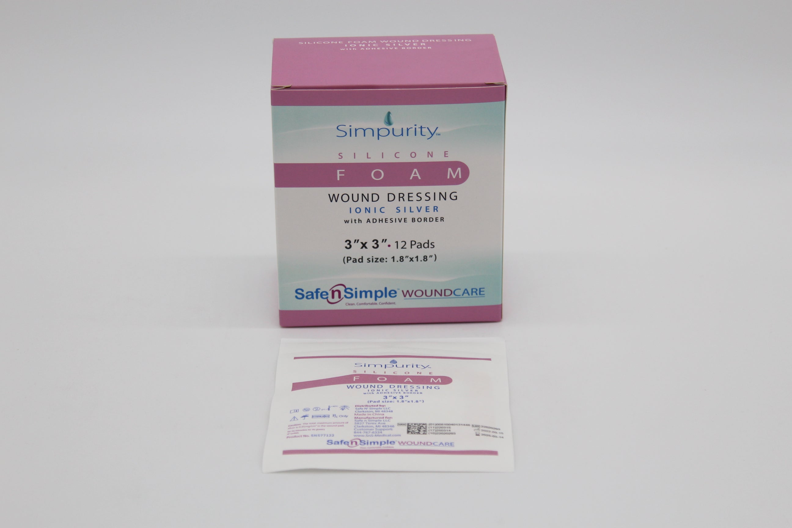 Safe N Simple Simpurity 5 Layer Bordered Silicone Foam Dressing with Silver, 2" x 2" Pad Size, 4" x 4" Overall Size including Border