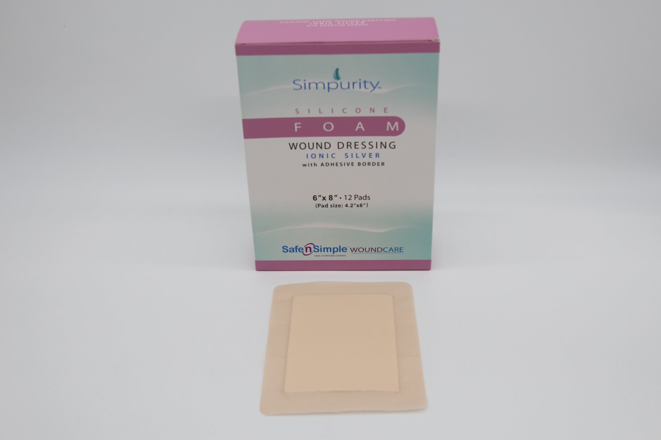 Safe N Simple Simpurity 5 Layer Bordered Silicone Foam Dressing with Silver, 4" x 6" Pad Size, 6" x 8" Overall Size including Border