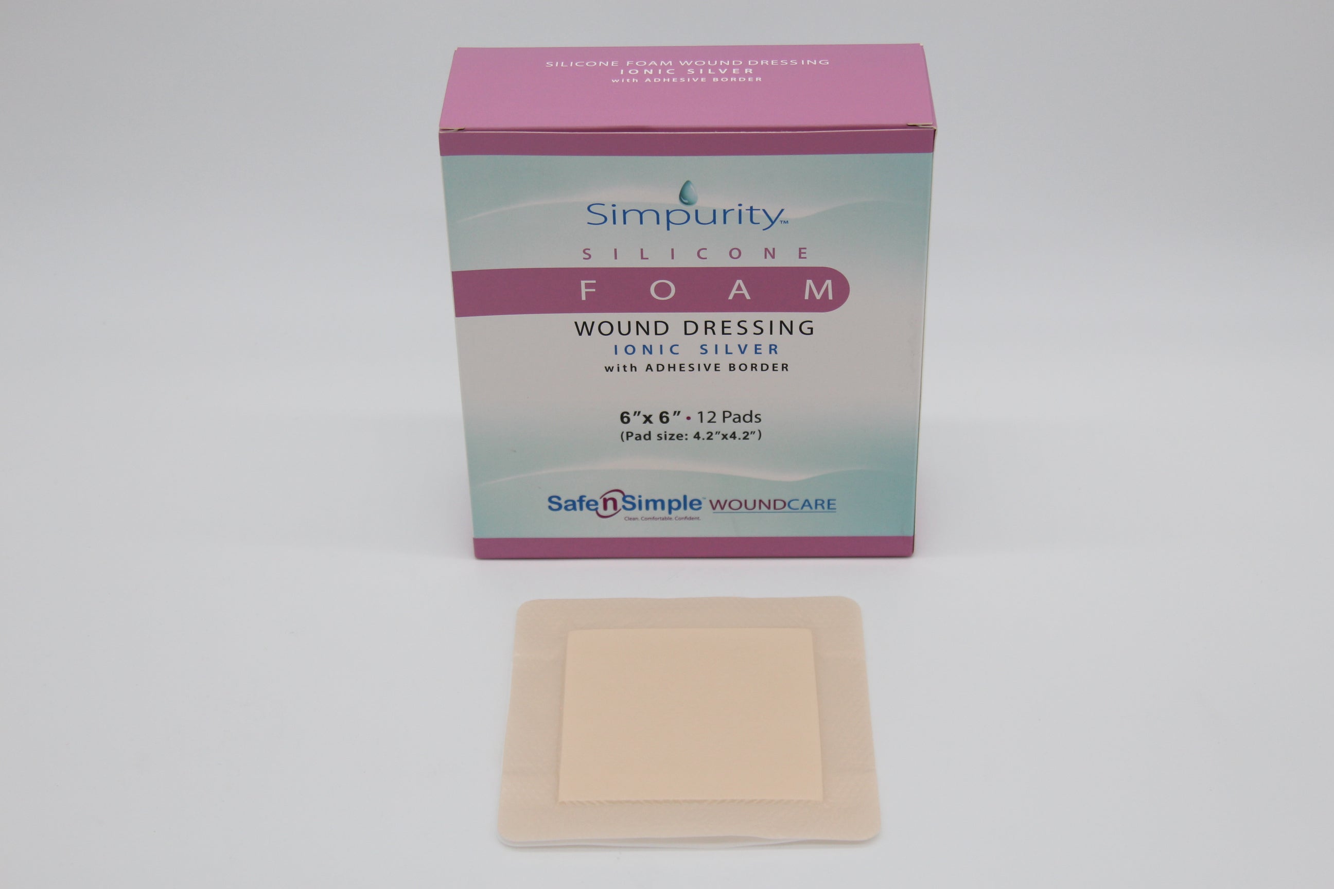 Safe N Simple Simpurity 5 Layer Bordered Silicone Foam Dressing with Silver, 4" x 4" Pad Size, 6" x 6" Overall Size including Border