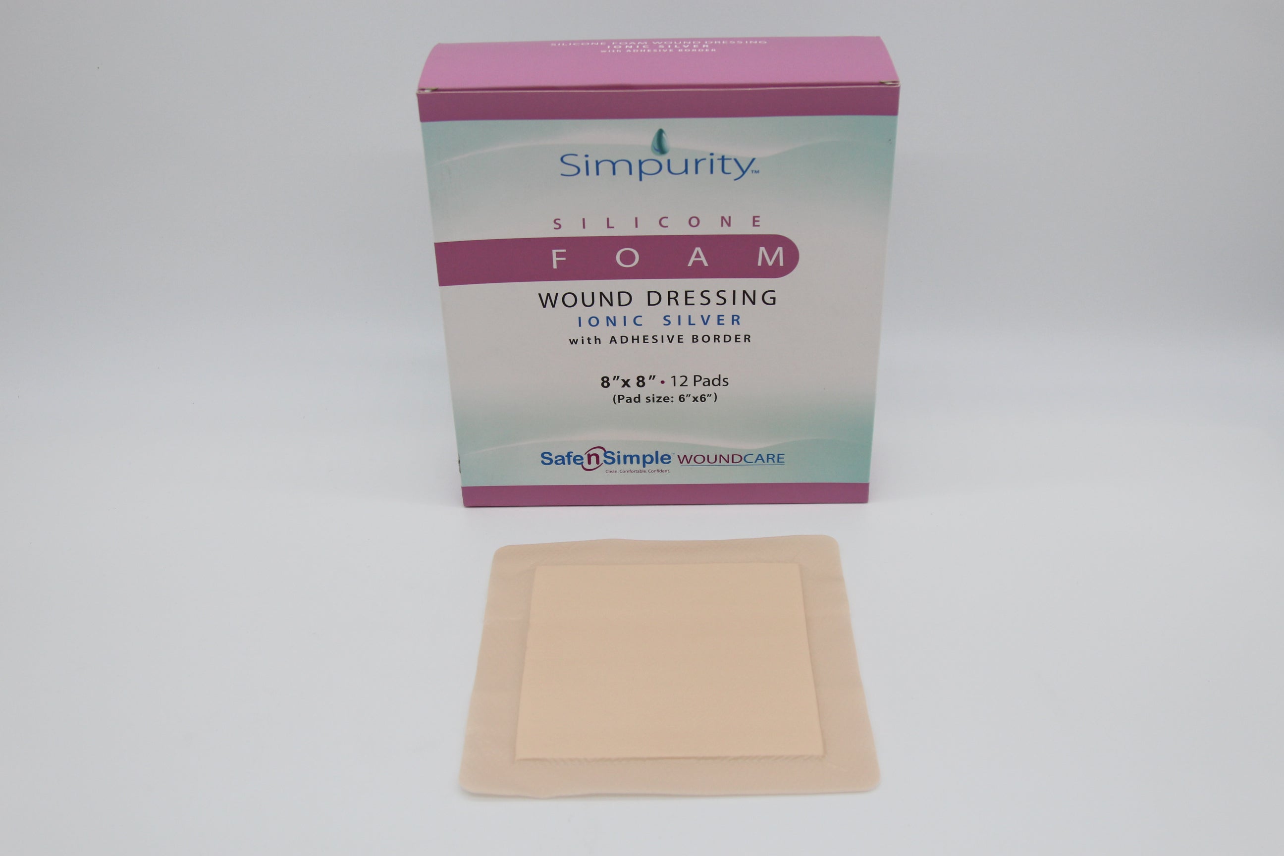 Safe N Simple Simpurity 5 Layer Bordered Silicone Foam Dressing with Silver, 6" x 6" Pad Size, 8" x 8" Overall Size including Border