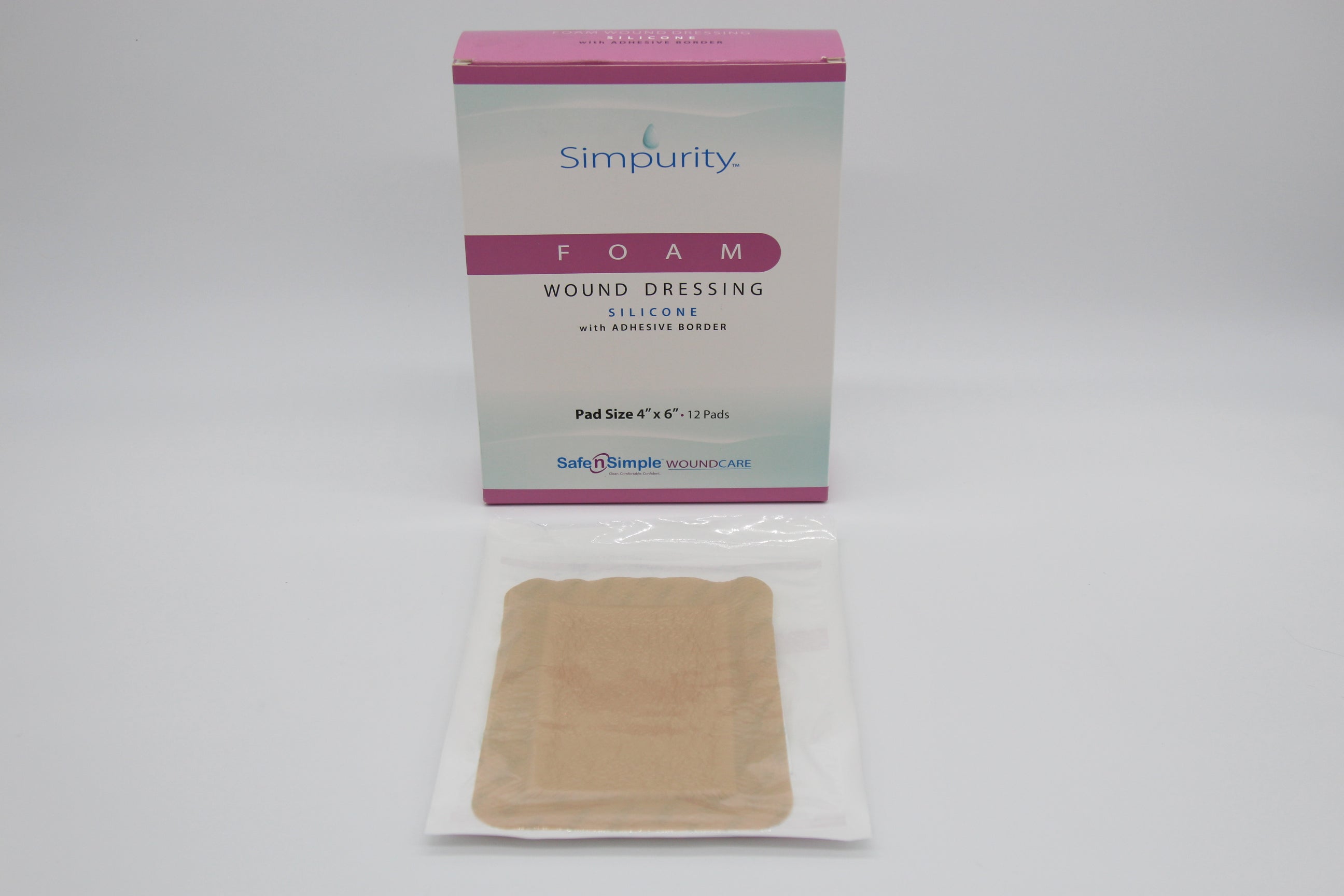 Simpurity Bordered Silicone Foam Dressing, 4" x 6" Pad, 6" x 8" Overall