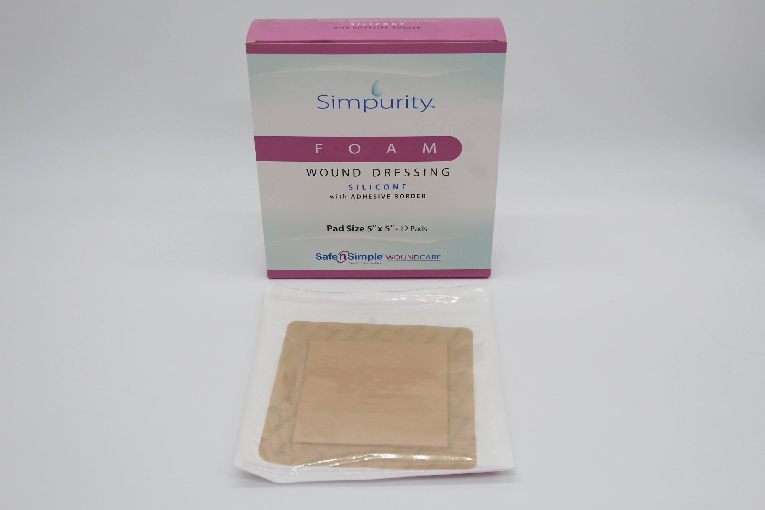 Simpurity Bordered Silicone Foam Dressing, 5" x 5" Pad, 7" x 7" Overall