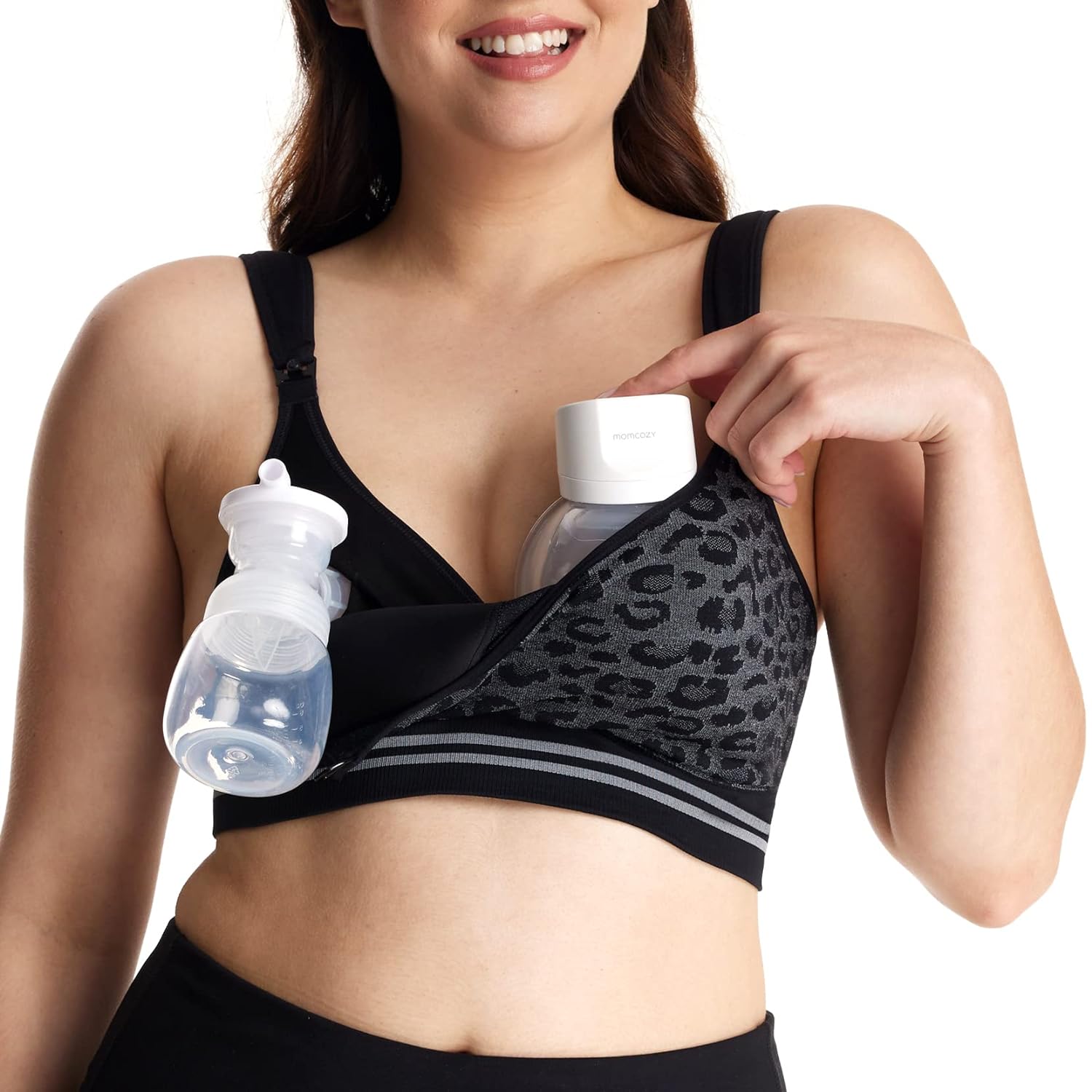 Momcozy 4-in-1 Hands Free Seamless Stretch Fabric Pumping Bra, Medium, Leopard Gray 1 Pack