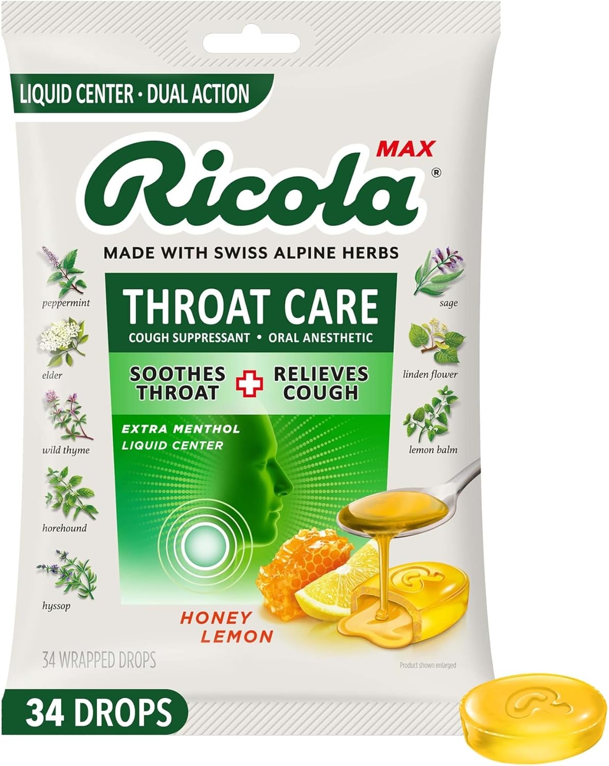Ricola Max Throat Care Honey Lemon, 34 ct 34 Pack